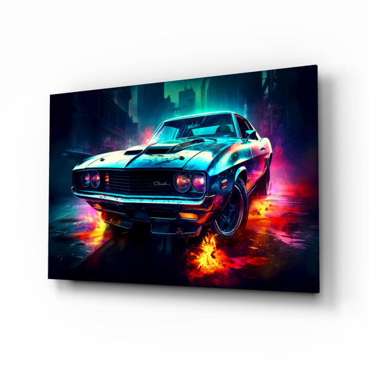 1970 Dodge Challenger neon muscle car glass wall art