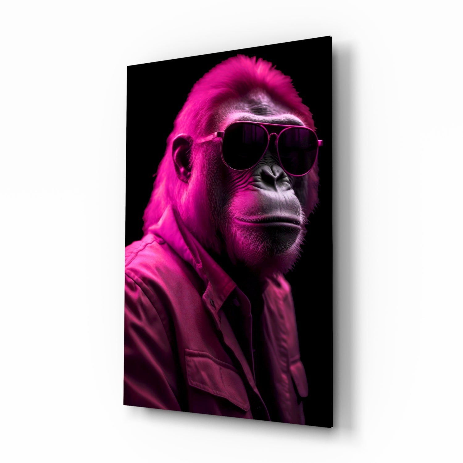 Ape the Cool magenta neon gorilla glass wall art