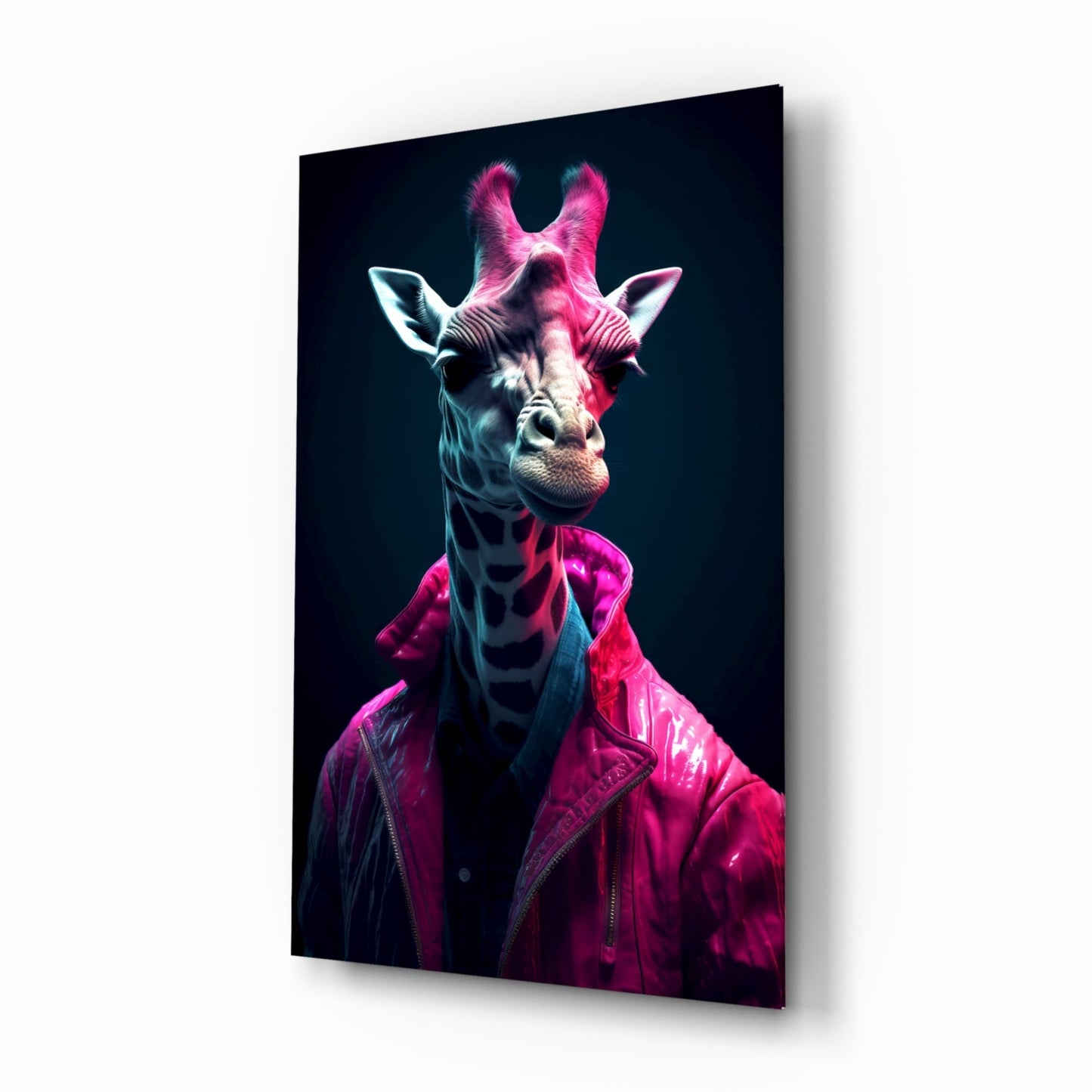 Neon pink jacket giraffe glass wall art