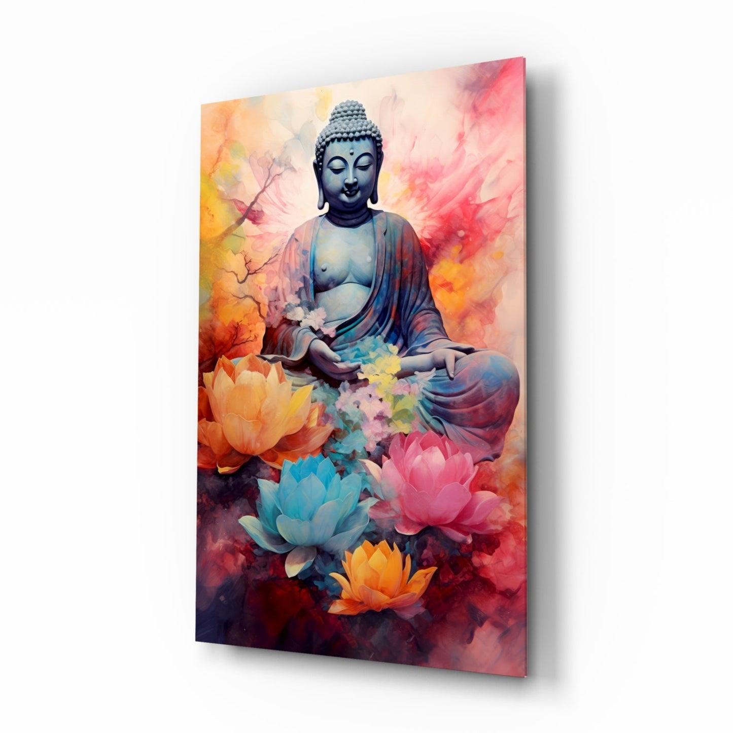 Sapphire Buddha watercolor glass wall art in blue and rose on high-gloss tempered glass
