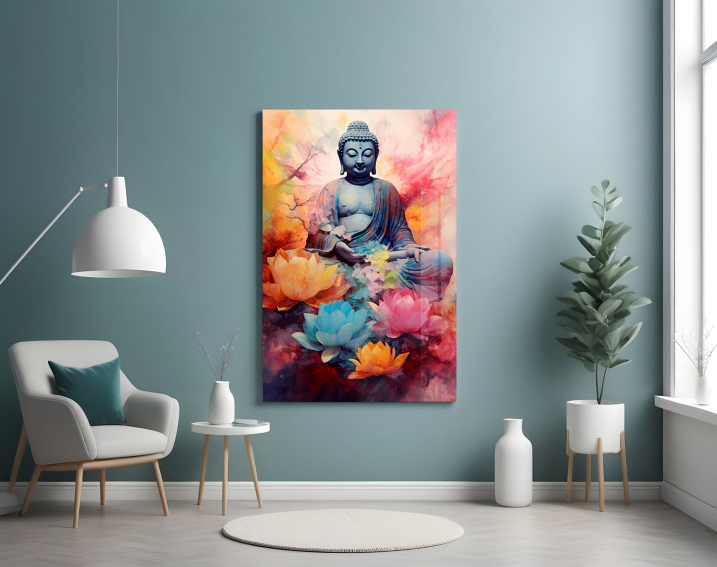 Sapphire Buddha Watercolor Glass Wall Art