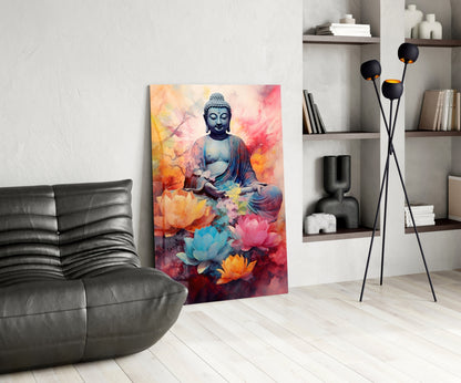 Sapphire Buddha Watercolor Glass Wall Art