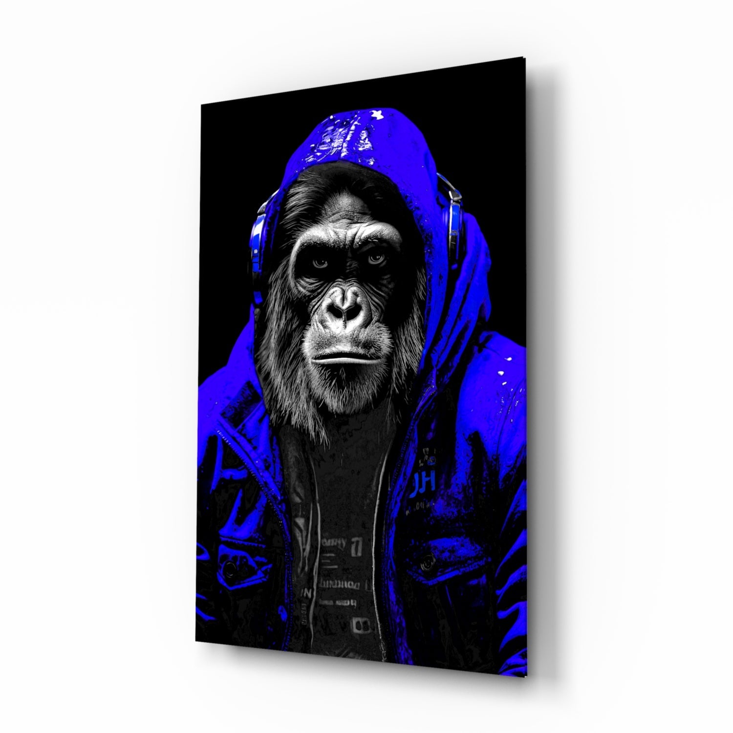 Cobalt Ape glass wall art hanging in a man cave
