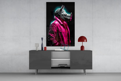 Rhino in pink jacket glass wall art above a gray sideboard with a red table lamp
