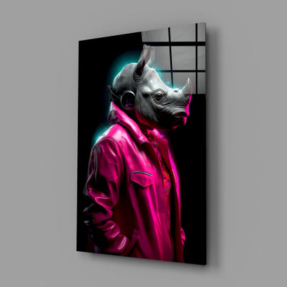Rhino in pink jacket glass wall art on a gray wall with a glossy finish