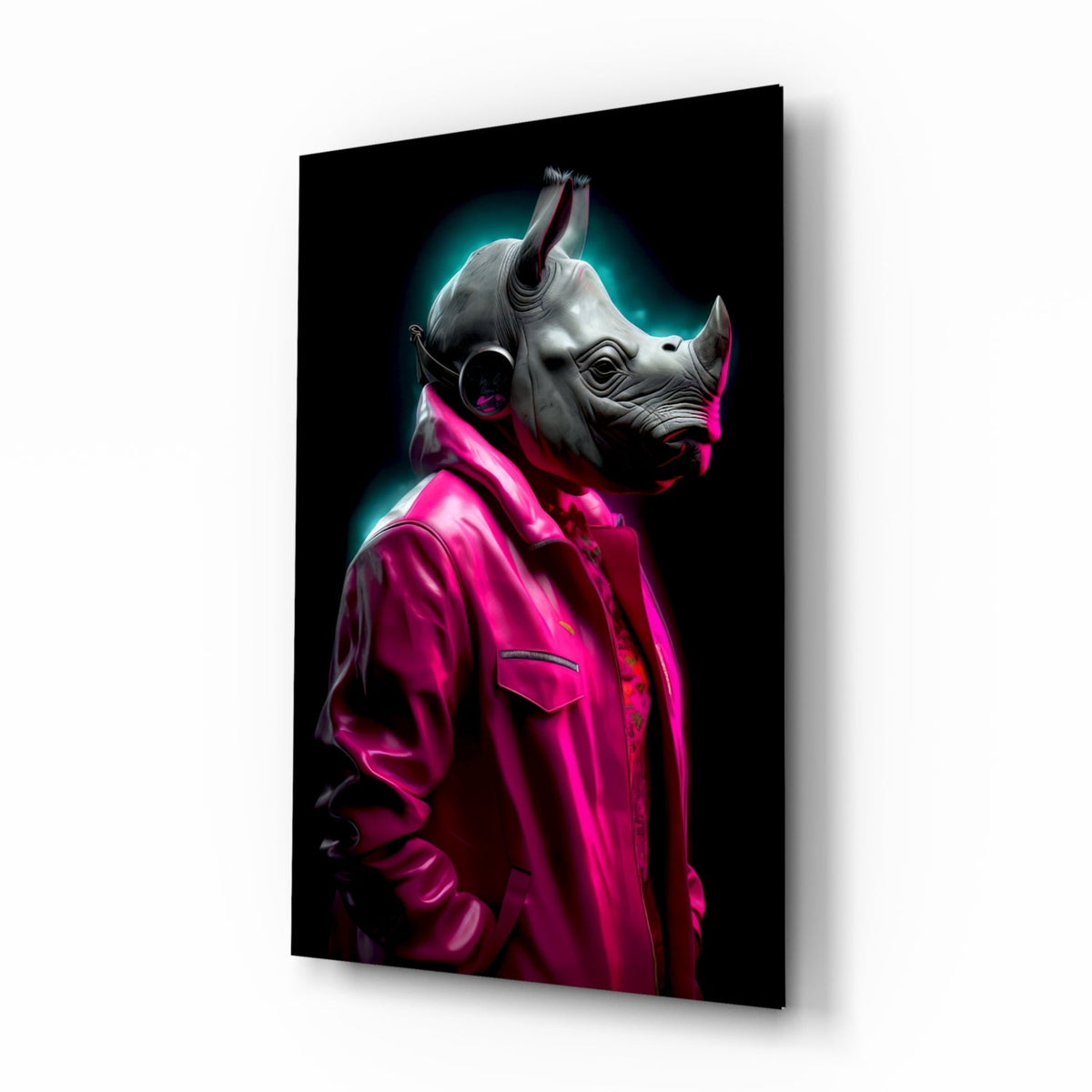 Rhino in a glossy magenta leather jacket with cyan rim light on a black background, glass wall art