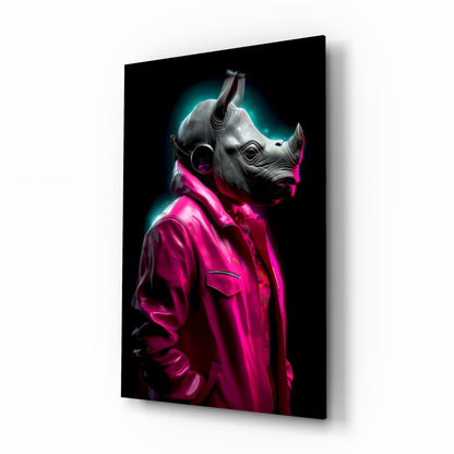 Rhino in a glossy magenta leather jacket with cyan rim light on a black background, glass wall art