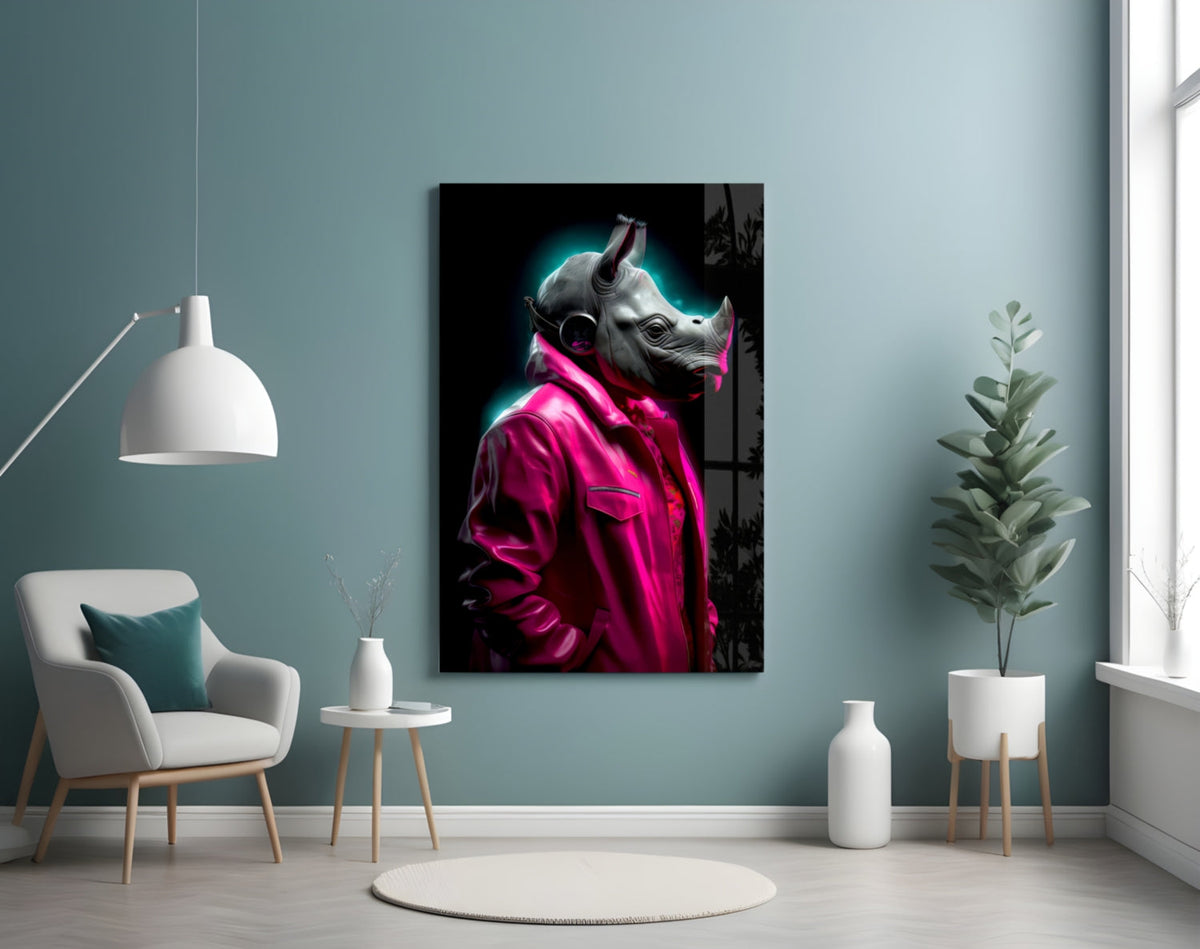 Rhino in pink jacket glass wall art on a teal wall above a white armchair, pendant lamp and potted plant