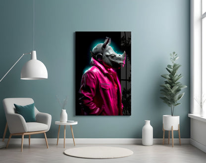 Rhino in pink jacket glass wall art on a teal wall above a white armchair, pendant lamp and potted plant