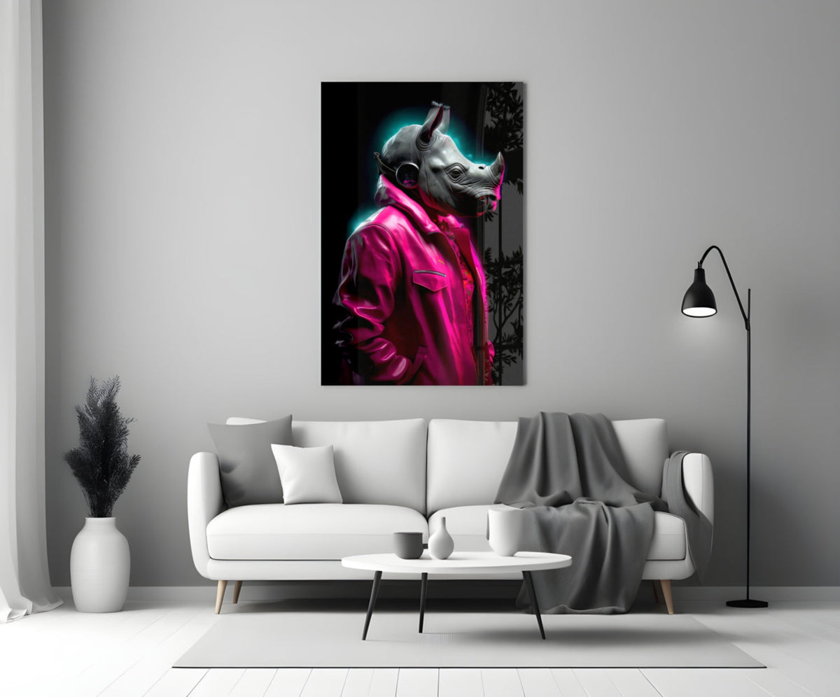 Rhino in pink jacket glass wall art above a white sofa in a light gray living room with a floor lamp