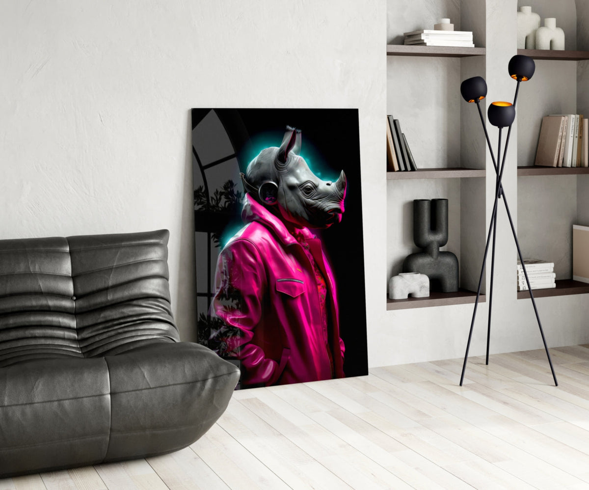 Rhino in pink jacket glass piece leaning on the floor beside a black leather lounge chair and white shelves