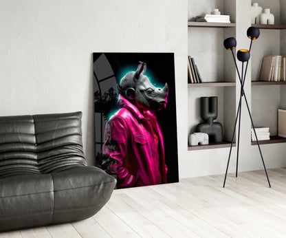 Rhino in pink jacket glass piece leaning on the floor beside a black leather lounge chair and white shelves
