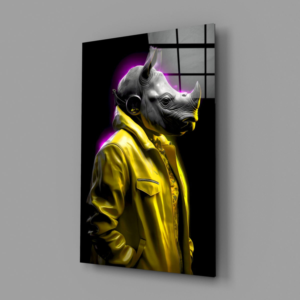 Rhino in yellow jacket glass panel shown at an angle on a plain gray wall