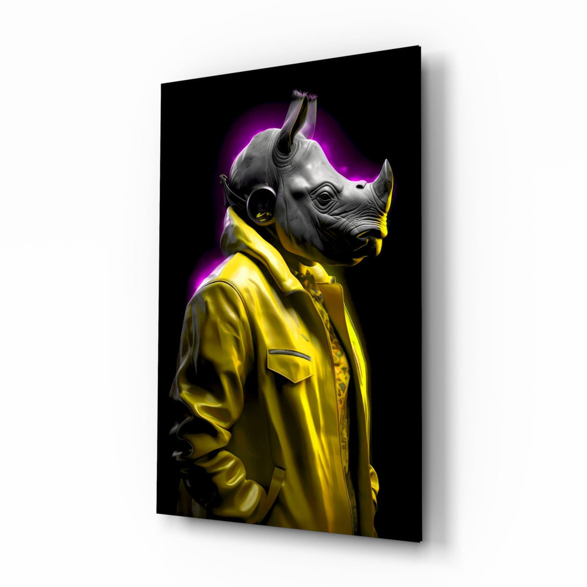 Pop art rhino wearing headphones and a yellow leather jacket on tempered glass, shown on a white background