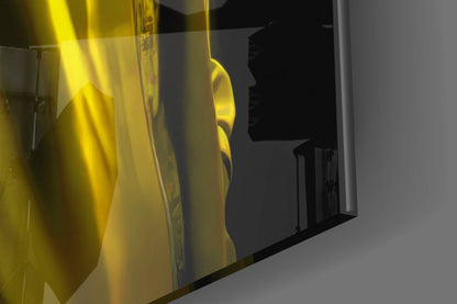 Close-up of the glossy tempered glass edge on the rhino in yellow jacket artwork