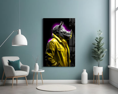 Rhino in yellow jacket glass art on a blue-gray wall above a white armchair and a potted plant