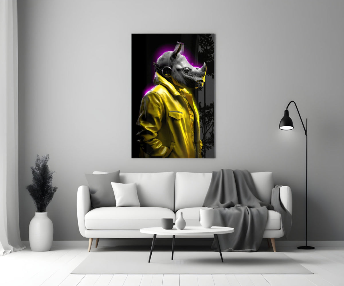 Rhino in yellow jacket glass wall art above a white sofa in a gray living room with a floor lamp