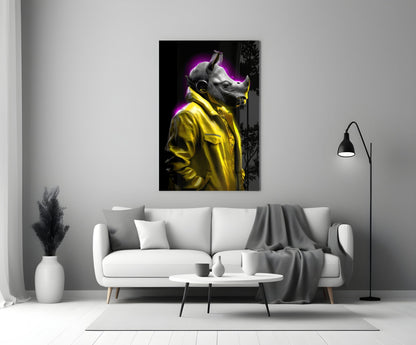 Rhino in yellow jacket glass wall art above a white sofa in a gray living room with a floor lamp