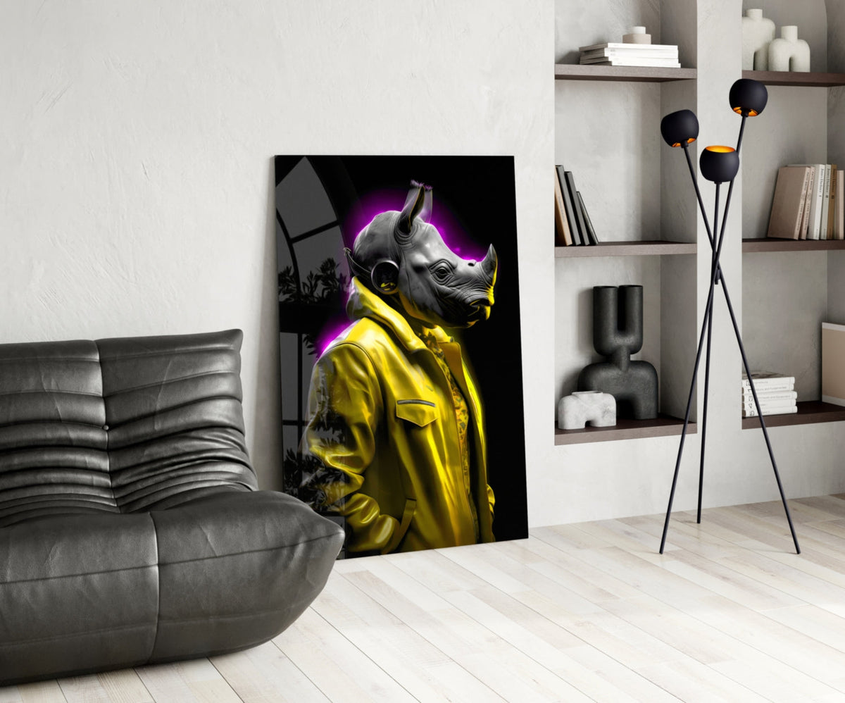 Rhino in yellow jacket glass wall art leaning on a white wall beside a black leather lounge chair and shelves