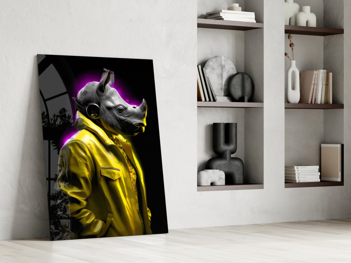 Rhino in yellow jacket glass piece leaning beside white shelves with vases and books