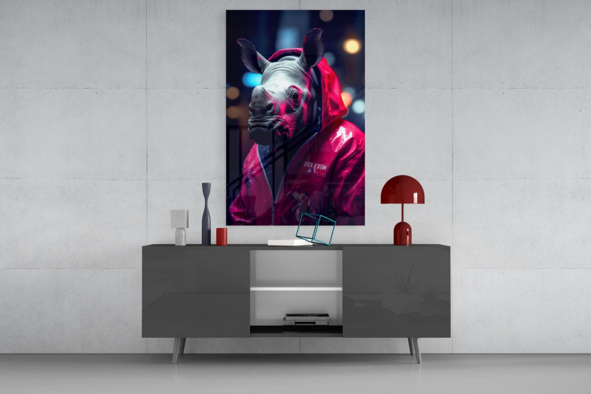 Rhino in a pink rain jacket glass wall art above a gray sideboard with a red table lamp