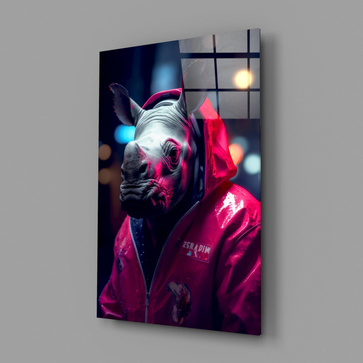 Rhino in a pink rain jacket glass wall art on a plain gray wall