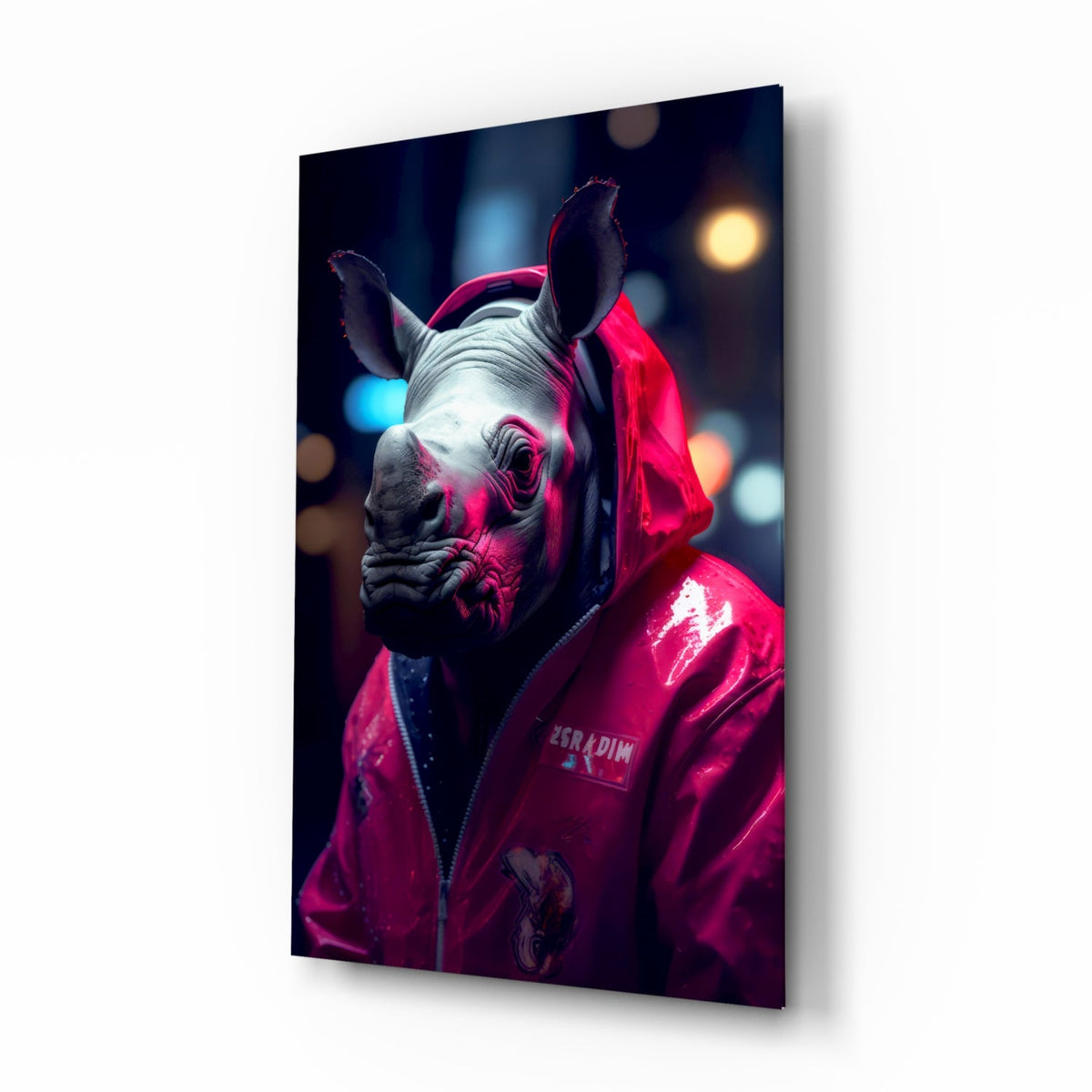 Rhino in a pink rain jacket glass wall art on a white background, angled to show the glass