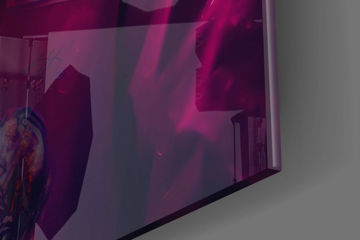 Rhino in a pink rain jacket glass wall art edge close-up showing the glossy tempered glass surface