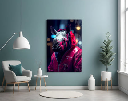 Rhino in a pink rain jacket glass wall art on a pale blue wall above a white armchair and side table