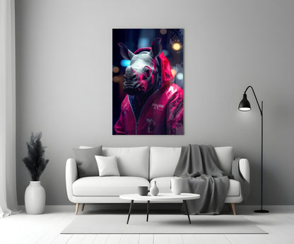 Rhino in a pink rain jacket glass wall art on a white wall beside a white sofa, gray throw and black floor lamp