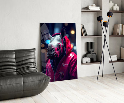 Rhino in a pink rain jacket glass wall art leaning on a white floor beside a black leather lounge chair and floor lamp