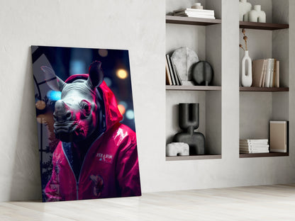 Rhino in a pink rain jacket glass wall art leaning against a white wall beside built-in shelves with vases