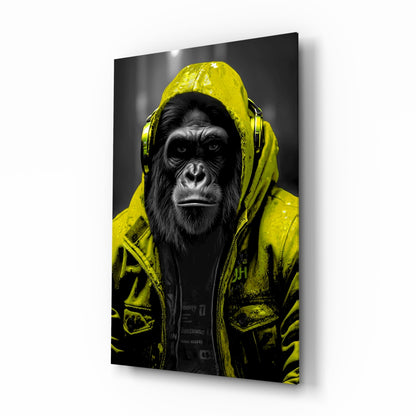 Yellow rain hood gorilla glass wall art on a plain white background, shown at an angle