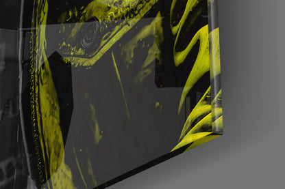 Close-up of the glossy tempered glass edge on the yellow rain hood gorilla glass wall art