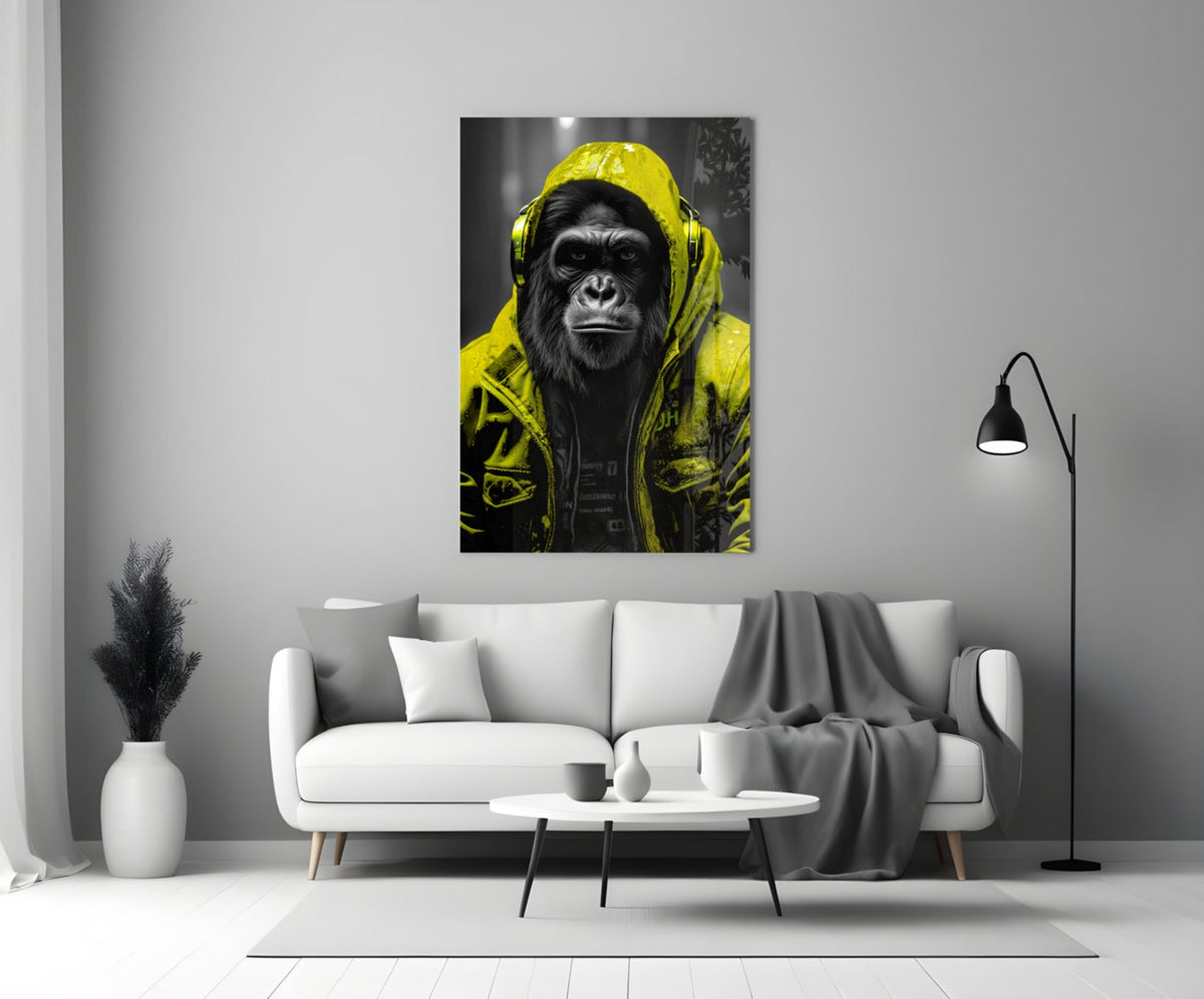 Yellow rain hood gorilla glass wall art above a white sofa with a coffee table and floor lamp