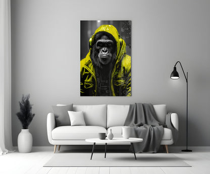 Yellow rain hood gorilla glass wall art above a white sofa with a coffee table and floor lamp
