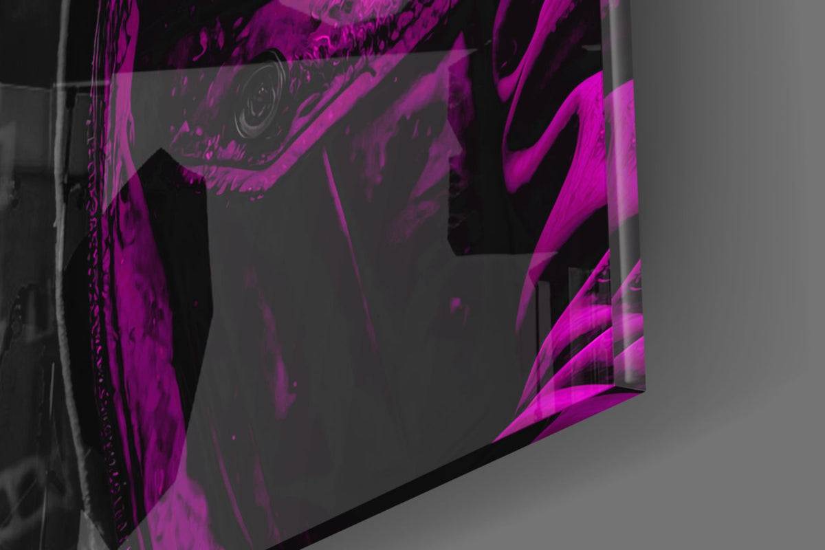 Close-up of the glossy tempered glass edge on the pink rain hood gorilla glass wall art
