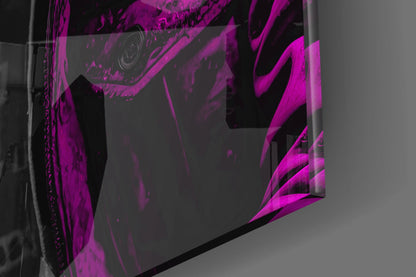 Close-up of the glossy tempered glass edge on the pink rain hood gorilla glass wall art
