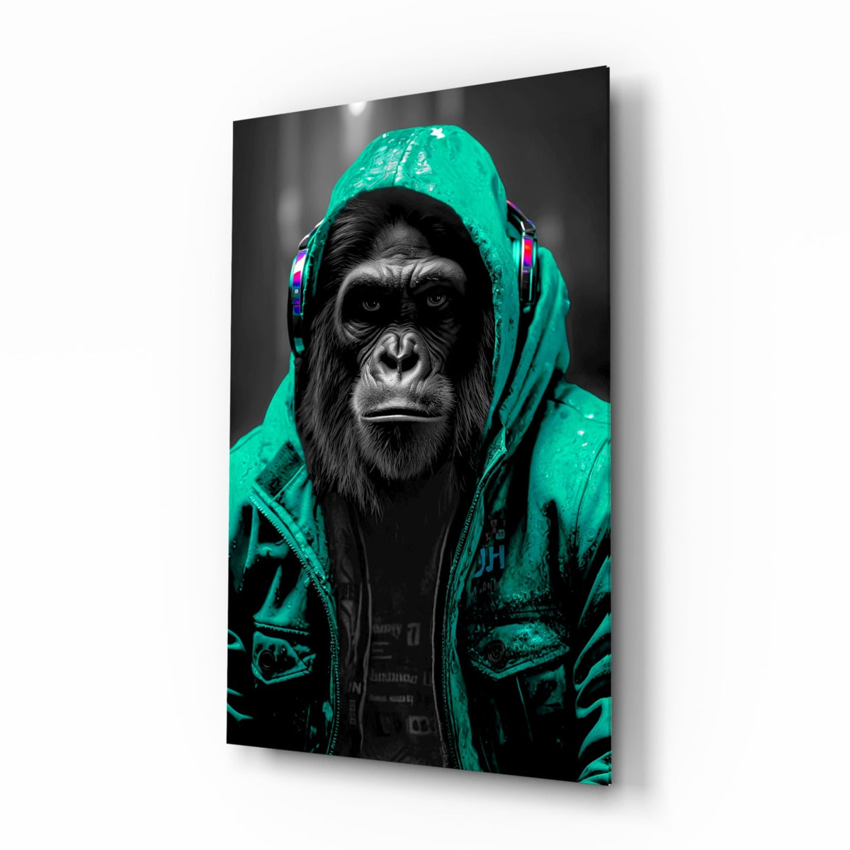 Turquoise rain hood gorilla glass wall art on a plain white background, shown at an angle
