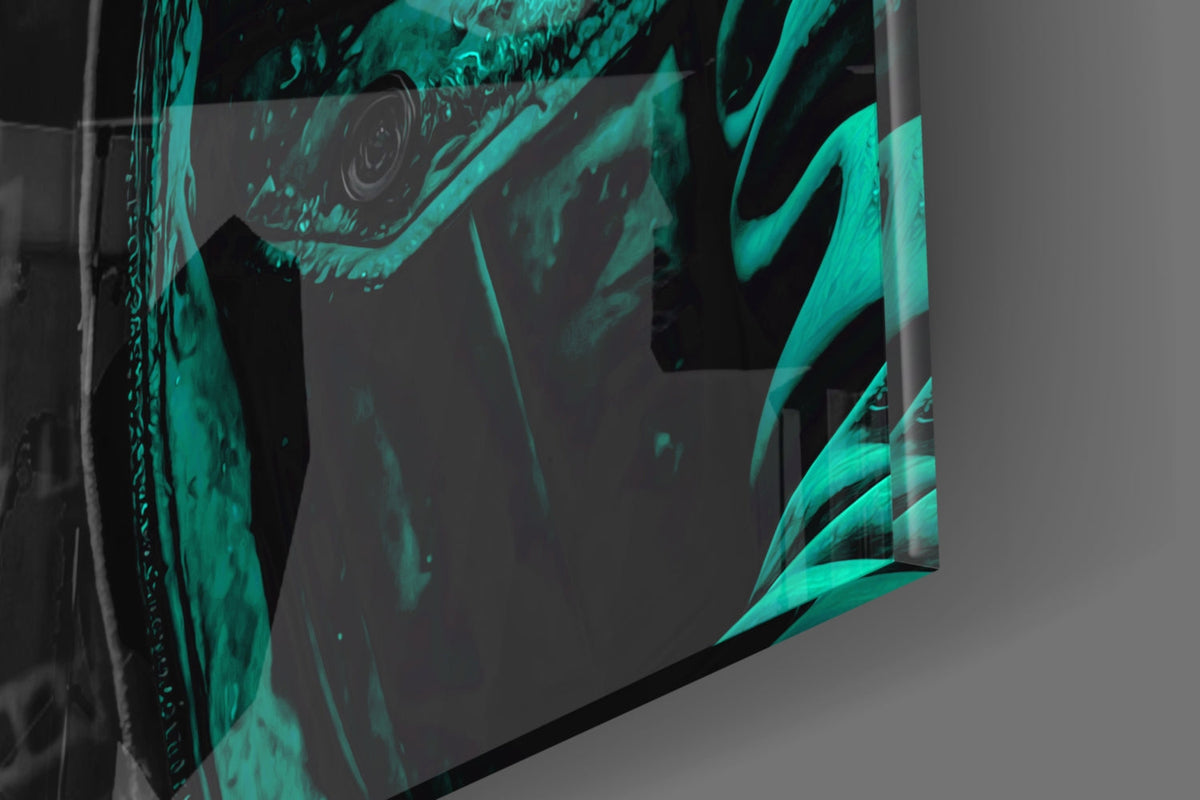 Close-up of the glossy tempered glass edge on the turquoise rain hood gorilla glass wall art