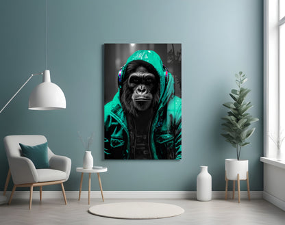Turquoise rain hood gorilla glass wall art on a blue-gray wall beside a white armchair and plant