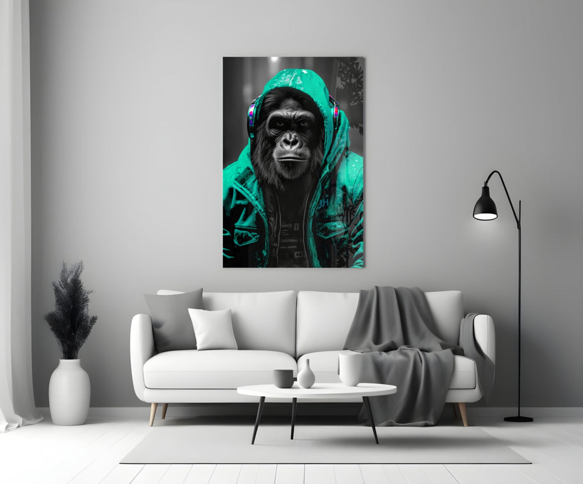 Turquoise rain hood gorilla glass wall art above a white sofa with a coffee table and floor lamp