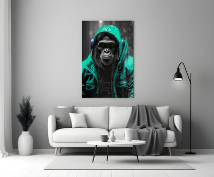 Turquoise rain hood gorilla glass wall art above a white sofa with a coffee table and floor lamp