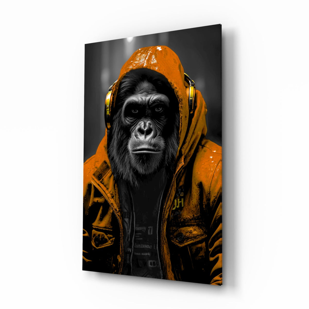 Orange rain hood gorilla glass wall art on a plain white background, shown at an angle