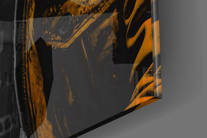 Close-up of the glossy tempered glass edge on the orange rain hood gorilla glass wall art