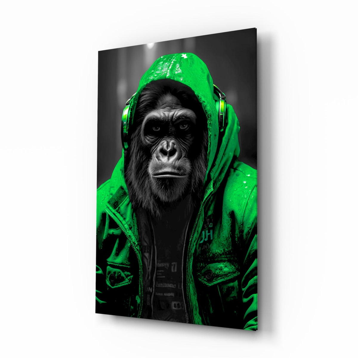 Green rain hood gorilla glass wall art on a plain white background, shown at an angle