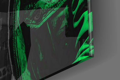 Close-up of the glossy tempered glass edge on the green rain hood gorilla glass wall art