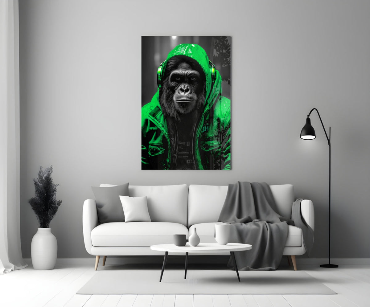 Green rain hood gorilla glass wall art above a white sofa with a coffee table and floor lamp