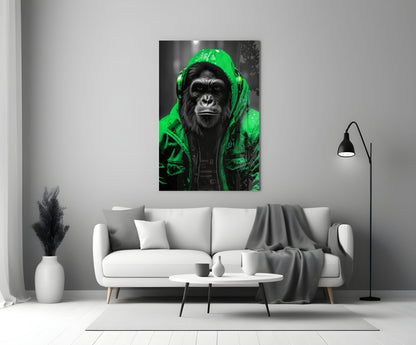 Green rain hood gorilla glass wall art above a white sofa with a coffee table and floor lamp