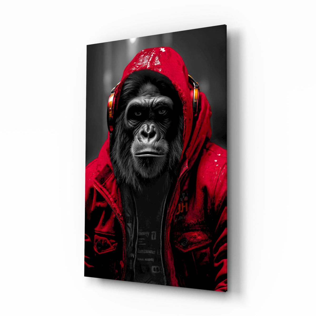 Red rain hood gorilla glass wall art on a plain white background, shown at an angle